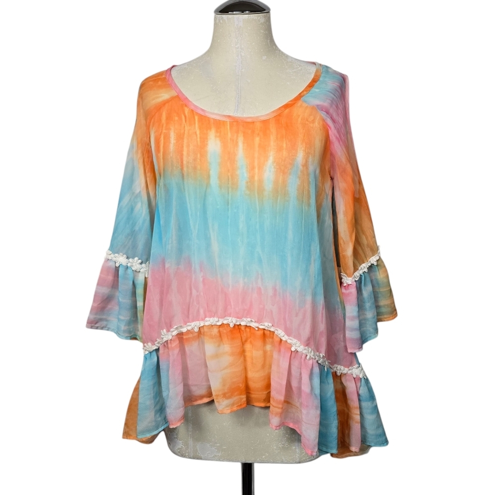 2tee Couture Tie Dye Cold Shoulder Bell Sleeves Top M